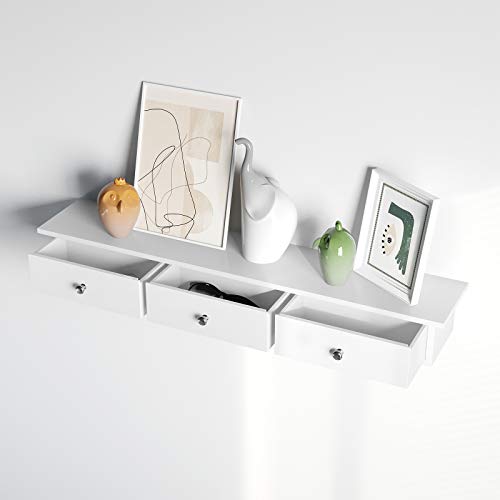 Floating Wall Shelf with 3 Drawers, Hallway Storage Shelf, 80 x 15 x 10 cm, Living Room, Bedroom, Kitchen, High Gloss Paint, White