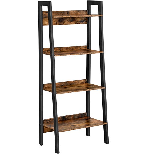 Ladder Shelf, 4-Tier Home Office Bookshelf, Freestanding Storage Shelves, for Living Room Bedroom Kitchen Balcony, Metal Frame, Easy to Assemble, Industrial, Rustic Brown and Black