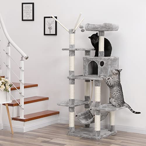 Cat Tree, Cat Condo with Hammock, Perch, Cat Tower, Light Grey