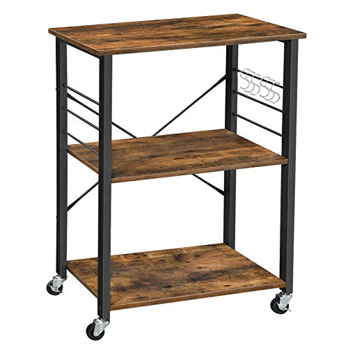 Kitchen Shelf on Wheels, Serving Trolley with 3 Shelves, Microwave Shelf, for Mini Oven, Toaster, Metal Frame with 6 Hooks, Industrial Design, Rustic Brown