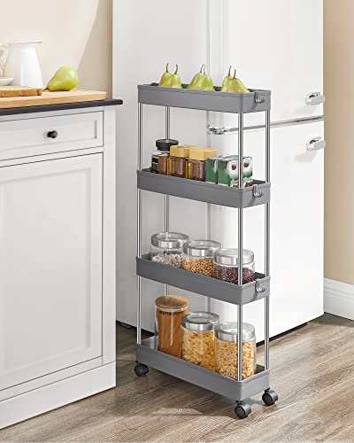 4-Tier Slide Out Storage Trolley, Rolling Cart on Wheels, Space-Saving Narrow Kitchen Bathroom Trolley, 40 x 12.5 x 86 cm, Grey