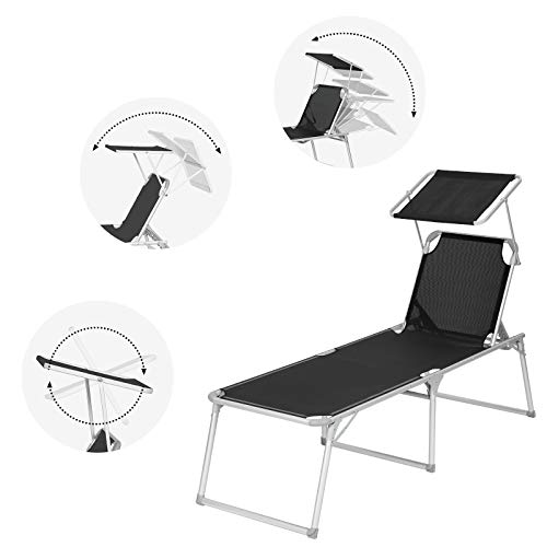 Sun Lounger, Sunbed, Large Reclining Sun Chair, 65 x 200 x 48 cm, Load Capacity 150 kg, with Reclining Backrest, Sunshade, Foldable, for Garden, Balcony, Terrace, Black