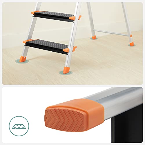 5 Step Ladder, Aluminium, Fold Away with 13 cm Wide Steps, Tool Tray and Anti-Slip Feet, Max. Static Load 150 kg, EN131 Standard, Black and Orange