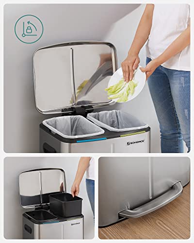 Double Rubbish Bin, 2 x 20 L Kitchen Bin, Dual Compartment Metal Step Bin, with Plastic Inner Buckets, Soft-Close Lids, and Handles, Odour Seal, Silver