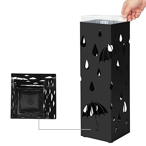 Metal Umbrella Stand, Square Umbrella Holder with Drip Tray and 4 Hooks, 15.5 x 15.5 x 49 cm, Black