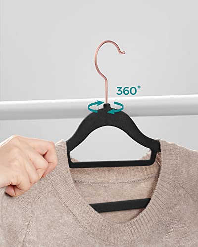 Velvet Hangers, Set of 30 Coat Hangers for Clothes, Non-Slip, with Tie Bar and Rose Gold Hook, Space-Saving, 0.6 cm Thick, 43.5 cm Long, for Dresses Trousers, Black