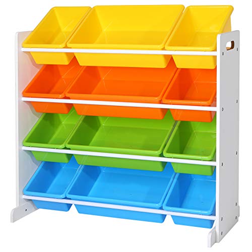 Children's Toy Storage Unit Playroom Display Stand Unit with 4 Colour Removable PP Container Box with Density Board Frame Stand White 86 x 26.5 x 78 cm (W x D x H)