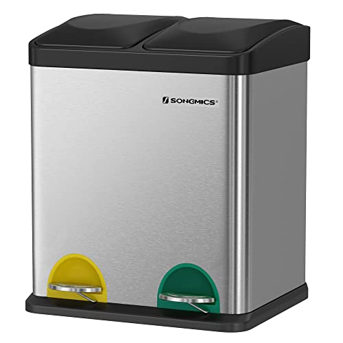 Recycle Bin, 30-Litre Waste Separation System, 2 x 15L Rubbish Bin, with Inner Buckets, Colour-Coded Pedals, for Kitchen, Living Room, Silver and Black