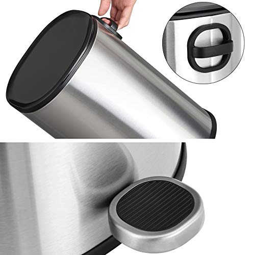 Rubbish Bin, 5 L Bathroom Bin, Steel Pedal Bin, with Inner Bucket, Soft-Close Lid, and Handle, for Bathroom, Toilet, Silver and Black