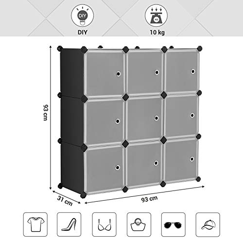 9-Cube Storage Organiser Unit, Plastic Closet with Doors, Modular Cabinet for Clothes, Shoes, Toys, Books, Easy to Assemble, Black