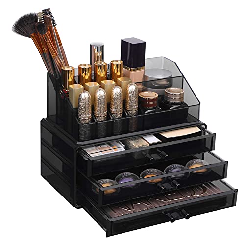 Large Acrylic Make up Organiser, Stackable Cosmetic Box with 6 Drawers, for Palette, Brush, Foundation, Lipstick, Nail Polish, Hairpins, Great Gift for Loved Ones, Black