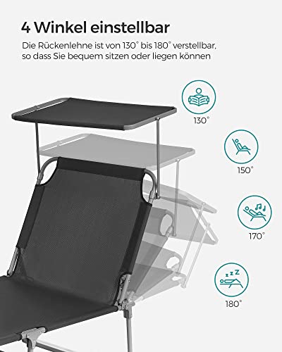 Sun Lounger, Sunbed, Reclining Sun Chair, with Headrest, Adjustable Backrest, Sunshade, Lightweight, Foldable, 53 x 193 x 29.5 cm, Load Capacity 150 kg, for Garden, Dark Grey