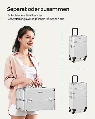 Cosmetic Case, Trolley Case, 4-in-1 Vanity Case, Makeup Case for Travel, Large Hairdressing Case, Lockable, 360° Rotating Universal Wheels, silver