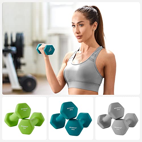 Hex Dumbbells Set with Stand - 2 x 1 kg, 2 x 2 kg, 2 x 3 kg, Neoprene Matte Finish, Hand Weights for Home Exercise, Lime, Teal, and Light Grey