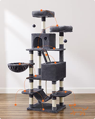 Large Cat Scratching Post M Cat Scratching Post 168 cm High Cat Tree with 13 Scratching Posts 1 Scratching Ramp 2 Platforms 2 Caves Basket Hammock Pompoms for Large Cats Smoke Grey