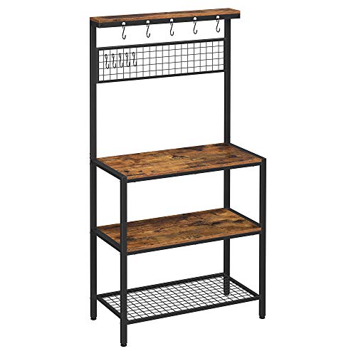 Industrial Kitchen Baker's Rack, Kitchen Unit with Storage Shelves, 10 Hooks and Metal Mesh Shelf, Microwave Oven Utensils Shelf, 84 x 40 x 170 cm, Rustic Brown