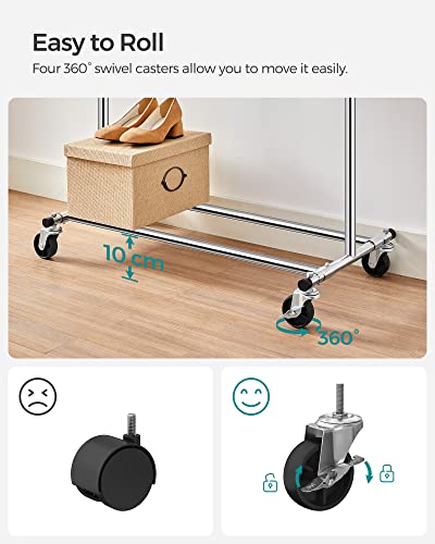 Clothes Rack on Wheels, Heavy Duty Clothes Rail, with Extendable Hanging Rail, 90 kg Load Capacity, Easy Assembly, Portable, Silver