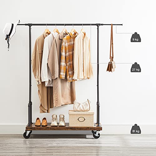 Clothes Rail, Heavy-Duty Clothes Rack with Extendable Hanging Rail, Shelf and Wheels, Industrial Pipe Design, Rustic Brown and Black