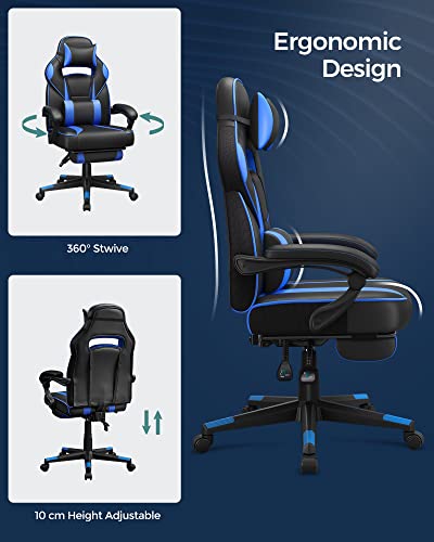 Gaming Chair Desk Chair with Footrest, Office Chair with Headrest and Lumbar Cushion, Height-Adjustable, Ergonomic, 90-135° Tilt Angle, Load 150 kg Black + Blue