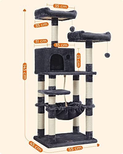 Cat Tree, Stable Cat Tower, 2 Plush Perches, 143cm, Smoky Grey