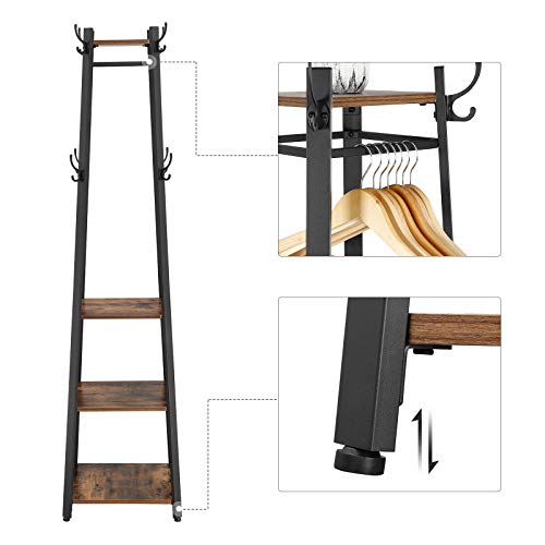 Coat Rack, Coat Stand with 3 Shelves, Ladder Shelf with Hooks for Scarves, Bags and Umbrellas, Steel Frame, Industrial Style, Rustic Brown and Black