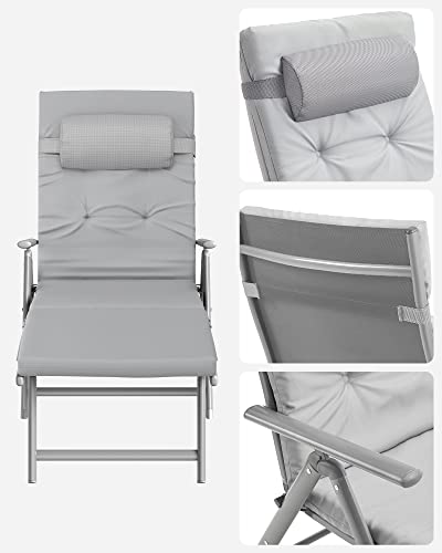 Foldable Sun Lounger, Sunbed with 6 cm Mattress, Removable Headrest, Rustproof Aluminium, Breathable, Comfortable, Reclinable, Max. Load Capacity 150 kg, Grey