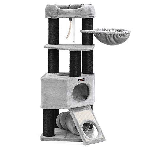 Cat Tree, Large Cat Tower with Fluffy Plush Perch, Cat Condo with Basket Lounger and Cuddle Cave, Extra Thick Posts Completely Wrapped in Black Sisal, Stable, Comfortable, Light Grey