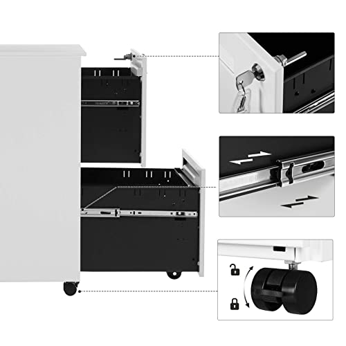 Mobile File Cabinet, with 2 Drawers, Lock, for Office Documents, Suspended Folders, Pre-Assembled, 39 x 45 x 69.5 cm (L x W x H), White