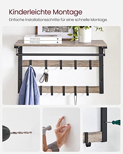 Wall Mounted Coat Rack with Shelf, Wall Shelf with 10 Removable Hooks, Hanging Shelf, Wall Mounted, 2 Coat Racks, Clothes Rail, for Hallway, Bedroom, Bathroom, Grey Black