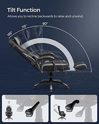 Gaming Chair, Office Racing Chair with Footrest, Ergonomic Design, Adjustable Headrest, Lumbar Support, 150 kg Weight Capacity, Black and Grey