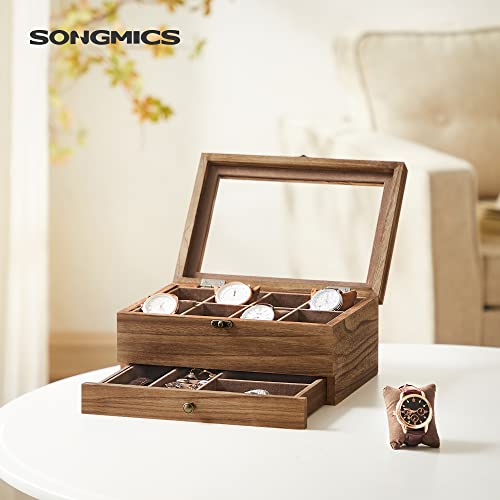 Watch Box with 8 Slots, 2-Tier Wood Watch Case with Large Glass Lid, Watch Pillows, Velvet Lining, Jewellery Box, Gift for Loved Ones, Rustic Walnut