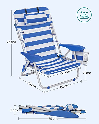 Beach Chair, Folding Camping Chair, Portable Outdoor Chair, Carry as a Backpack, with Adjustable Backrest, Headrest, Armrest, 2 Side Pockets, Blue and White