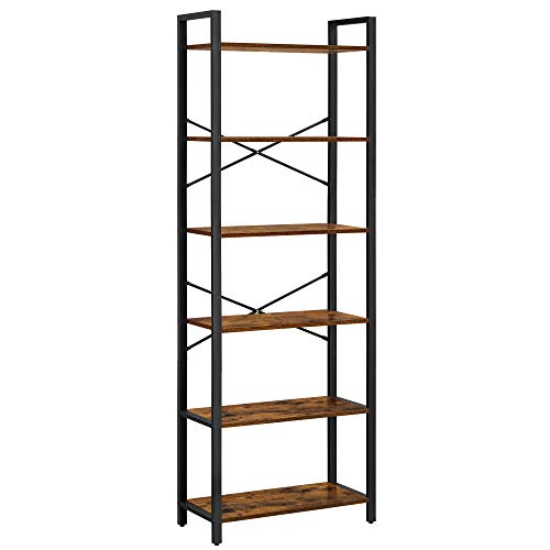 Bookshelf, 6-Tier Shelving Unit with Steel Frame, Tall Rustic Shelves for Living Room, Office, Study, Hallway, Industrial Style, 66 x 30 x 186 cm, Rustic Brown and Black