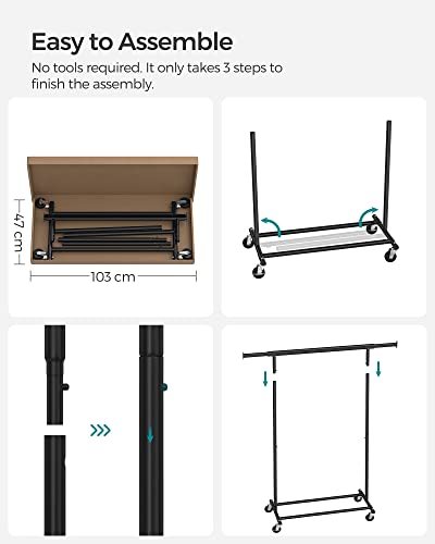 Clothes Rack on Wheels, Heavy Duty Clothes Rail, with Extendable Hanging Rail, 90 kg Load Capacity, Easy Assembly, Portable, Black