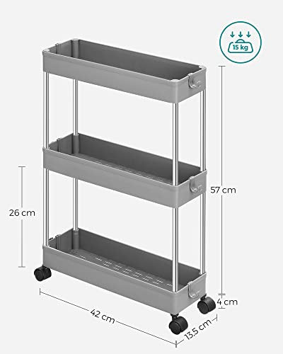 3-Tier Storage Trolley, Kitchen Trolley on Wheels, Narrow Trolley for Kitchen Bathroom Office or Small Spaces, 42 x 13.5 x 61 cm, Grey