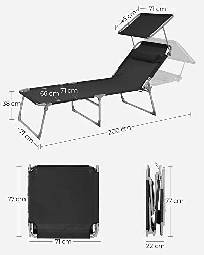 Lounger, Sunbed, Large Reclining Sun Chair, 71 x 200 x 38 cm, Load Capacity 150 kg, with Headrest, Reclining Backrest, Sunshade, Foldable, for Garden, Black