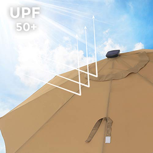 3 m Garden Parasol Umbrella with Solar-Powered LED Lights, Sunshade with UPF 50+ Protection, Tilting, Crank Handle for Opening Closing, Base Not Included, Taupe