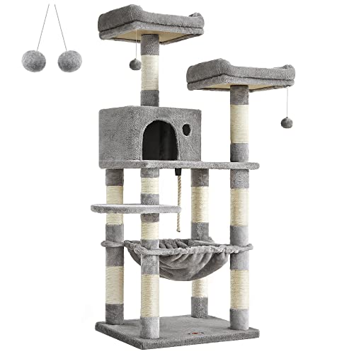 Cat Tree, Stable Cat Tower, 2 Plush Perches, 143cm, Light Grey