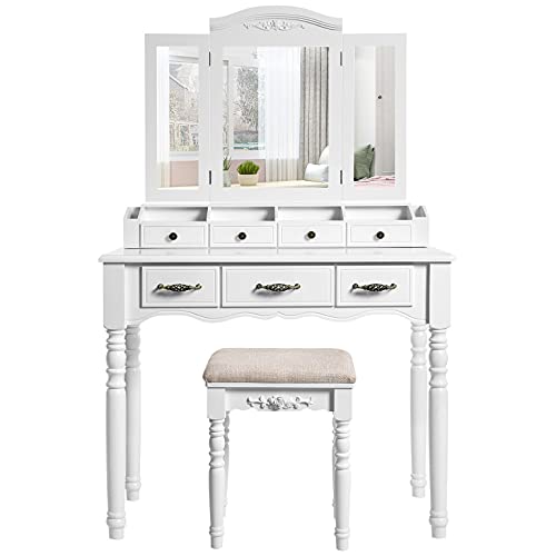 Dressing table with 7 Drawers, Makeup Table with Tri-Fold Necklace Hooked Mirror, 2 Brush Slots and 4 Open Compartments, Solid Wood Legs, Cushioned Stool, White