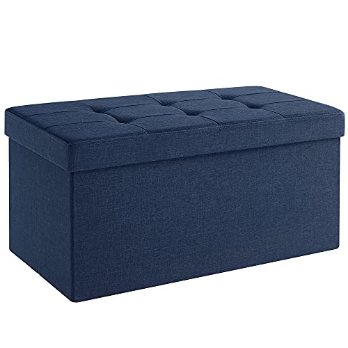 Storage Ottoman Bench, Chest with Lid, Foldable Seat, Bedroom, Hallway, Space-saving, 80L Capacity, Hold up to 300 kg, Padded, Dark Blue