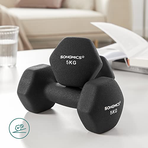 Set of 2 Dumbbells, 2 x 5 kg, Neoprene Hand Weights, Non-Slip Grip, Fitness Workouts, Black