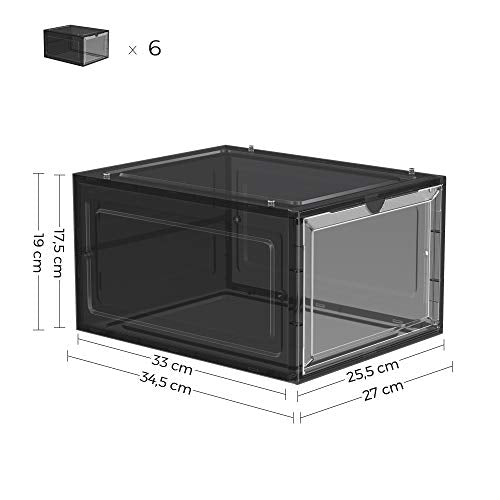 Shoe Boxes, Plastic Shoe Storage Organisers with Clear Doors, Set of 6, Stackable, Easy Assembly, 27 x 34.5 x 19 cm, up to UK Size 10, Black