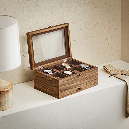 Watch Box with 8 Slots, 2-Tier Wood Watch Case with Large Glass Lid, Watch Pillows, Velvet Lining, Jewellery Box, Gift for Loved Ones, Rustic Walnut