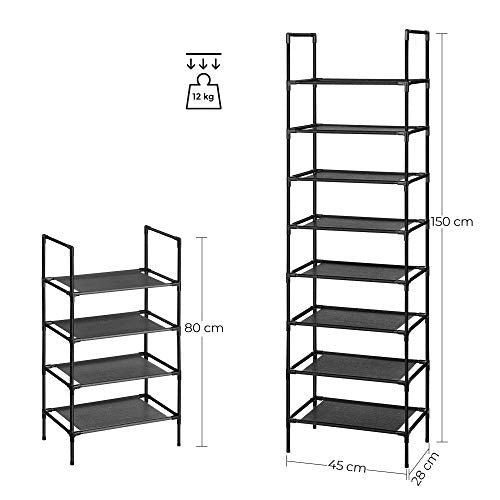 4-Tier Shoe Rack, Set of 2 Shoe Storage Organiser with Metal Frame, Non-Woven Fabric Layer, for Hallway, Bedroom, Living Room, 45 x 28 x 80 cm, Black