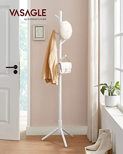 Standing Coat Rack, Solid Wood Coat Rack, Tree-Shaped Coat Rack with 8 Hooks, 3 Height Options, for Clothes, Hats, Bags, for Living Room, Bedroom, Home Office, White