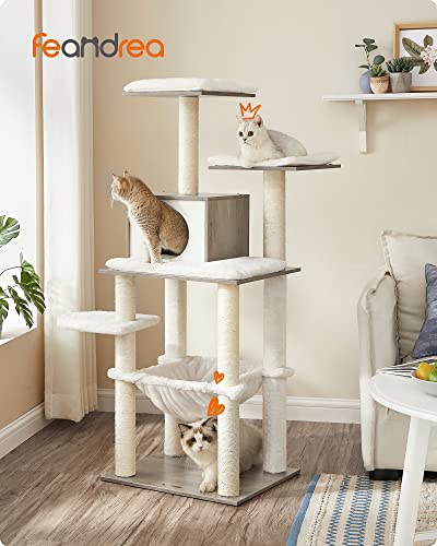 Greige  138 cm Cat Tree Modern Cat Furniture Multi-Tier Cat Scratching Post Cuddly Cave Sisal Posts Hammock Platforms Soft Plush Washable Cushions