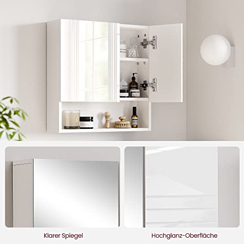 Mirrored Cabinet, Bathroom Cabinet with Height-Adjustable Shelves, Door and Top Panel with High-Gloss Surface, Bathroom, 54 x 15 x 55 cm, White