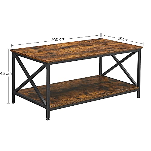 Coffee Table, Cocktail Table with X-Shape Steel Frame and Storage Shelf, 100 x 55 x 45 cm, Industrial Farmhouse Style, Rustic Brown and Black