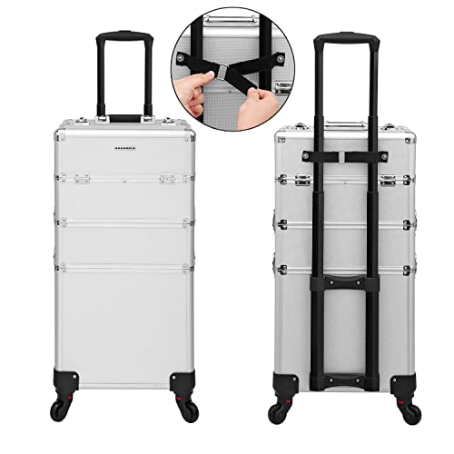 Professional Makeup Case, 3-in-1 Travelling Beauty Trolley, Large Cosmetic Trolley for Hairdressers, Lockable Rolling Makeup Case with 360-Degree Universal Casters, Silver