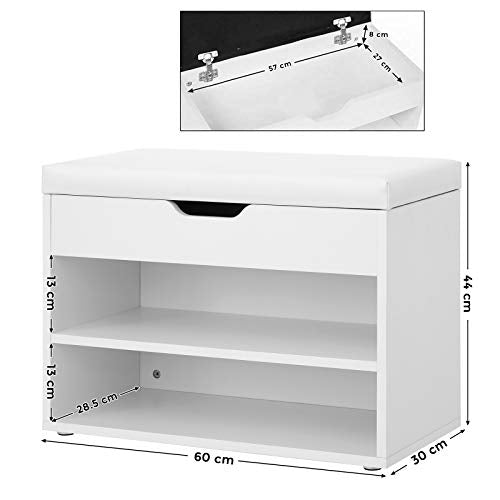 Shoe Rack with Hinged Lid and Padded Seat, Shoe Organizer with 2 Compartments, 60 x 30 x 44 cm, White